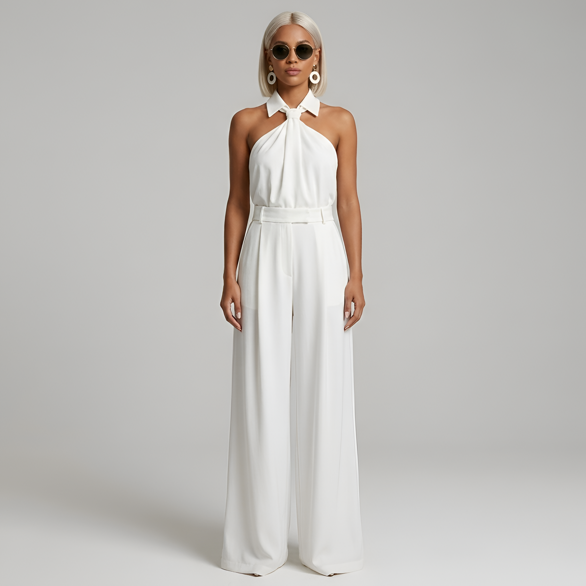 Women's Dressy Wide Leg Jumpsuit With Halter Neck, Collared Twist Front And Belted Waist
