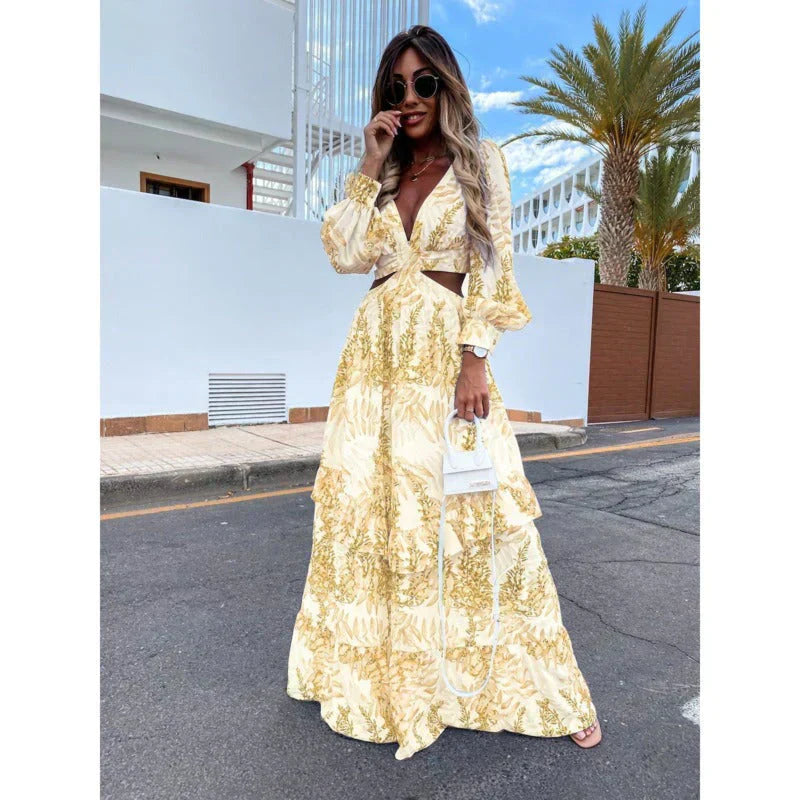Women's Printed Long Sleeve Maxi Dress With Cut-Out Waist In A Timeless Silhouette