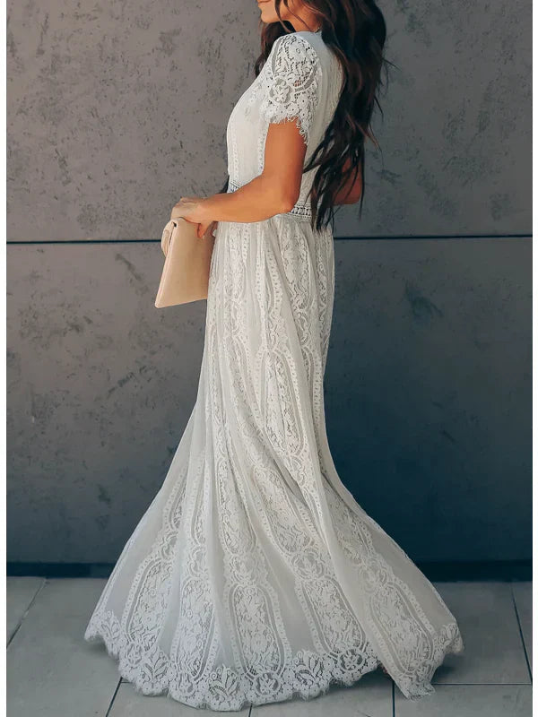 Women's White Lace Maxi Dress With V Neck And Short Sleeves Boho Floral Panel Wedding Guest