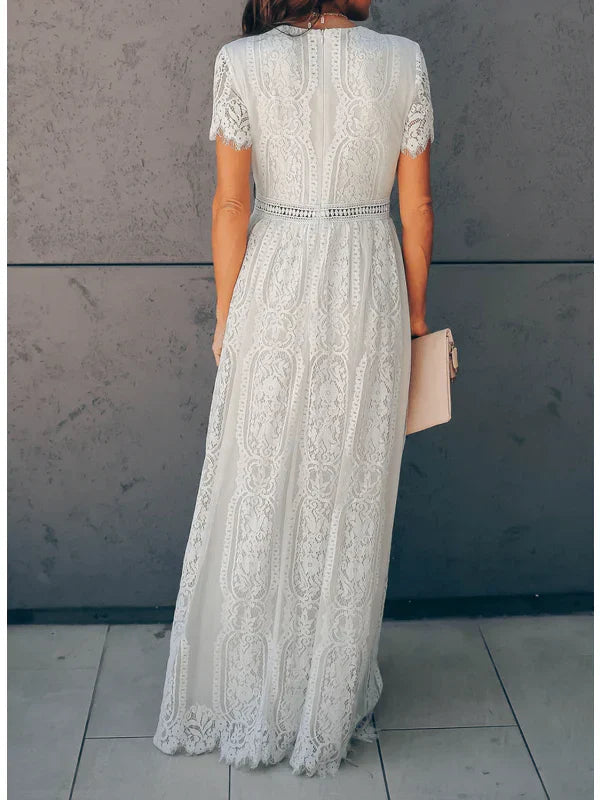 Women's White Lace Maxi Dress With V Neck And Short Sleeves Boho Floral Panel Wedding Guest