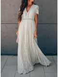 Women's White Lace Maxi Dress With V Neck And Short Sleeves Boho Floral Panel Wedding Guest