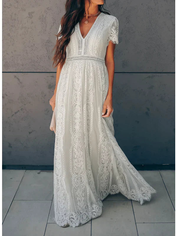 Women's White Lace Maxi Dress With V Neck And Short Sleeves Boho Floral Panel Wedding Guest