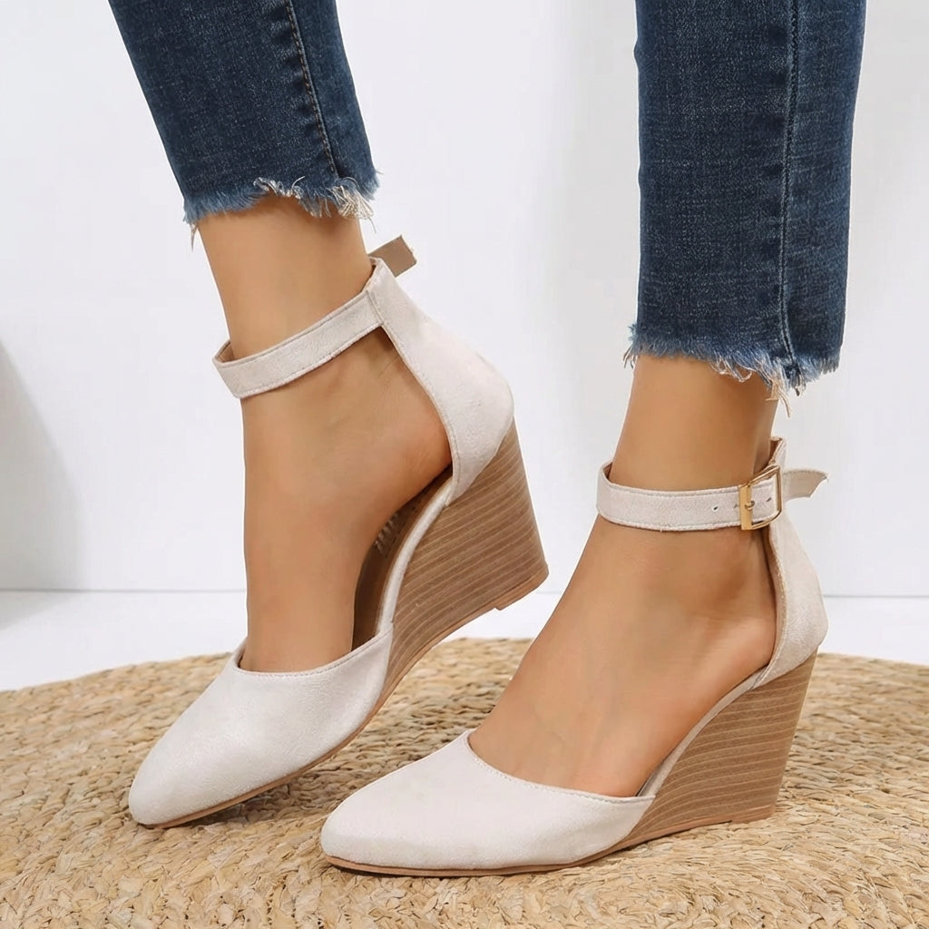 Women's Wedge Heels With Pointed Toe, Ankle Strap, And Buckle Fastening For Everyday Wear