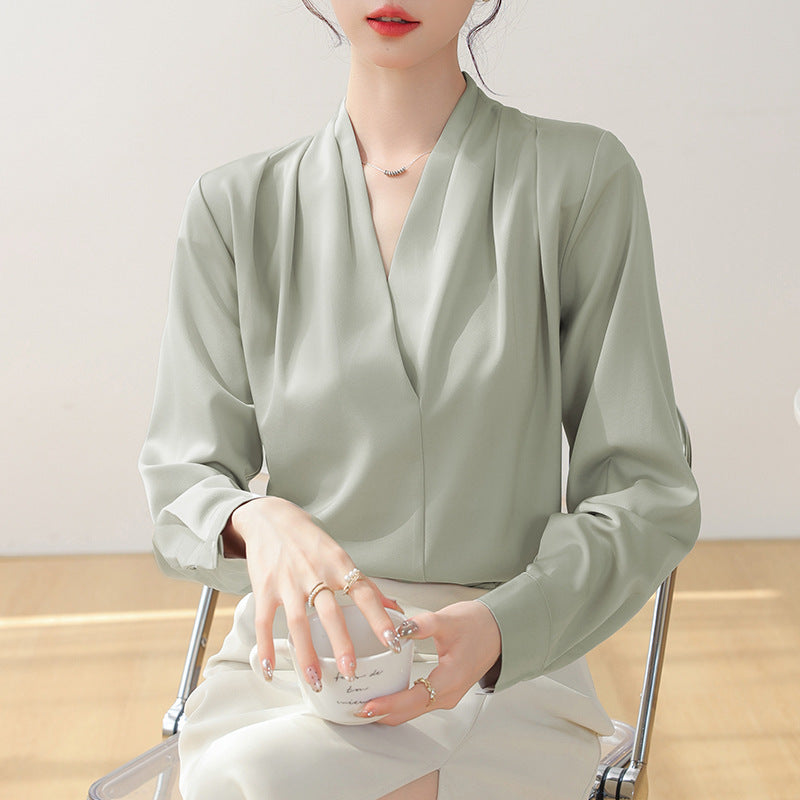 Satin V-Neck Pleated Blouse With Long Sleeves And Button Cuff Drape Top For Women