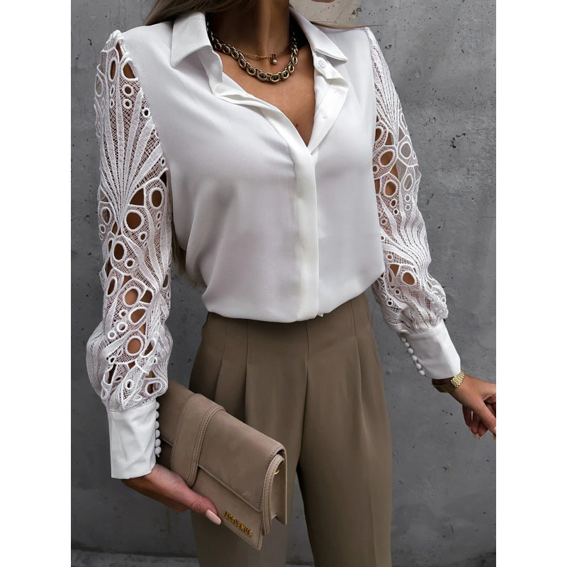 Women's Lace Sleeve Blouse With Collared Button-Up And Cutwork Lace Long Sleeve