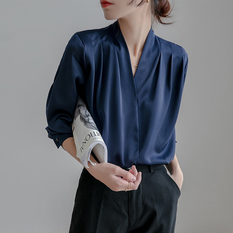 Satin V-Neck Pleated Blouse With Long Sleeves And Button Cuff Drape Top For Women