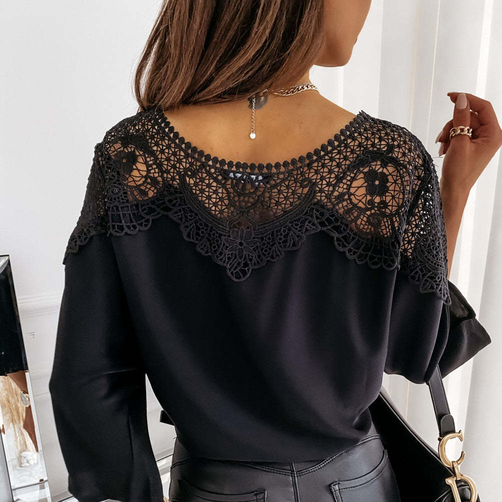 Women's Lace Blouse With Round Neck Lace Yoke Long Sleeves And Flared Cuffs For Women