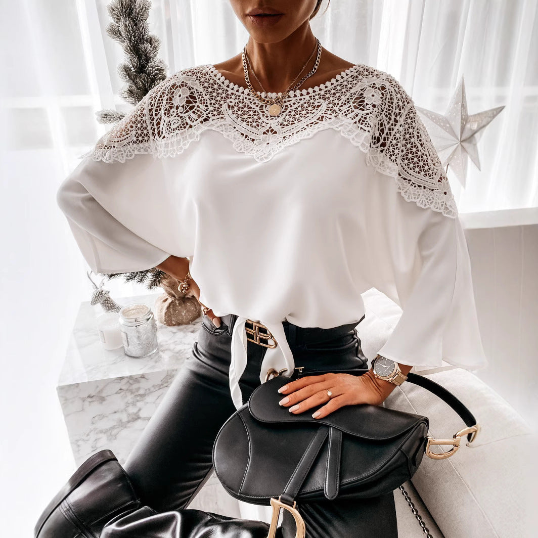 Women's Lace Blouse With Round Neck Lace Yoke Long Sleeves And Flared Cuffs For Women