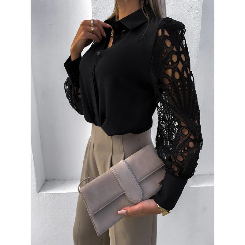 Women's Lace Sleeve Blouse With Collared Button-Up And Cutwork Lace Long Sleeve