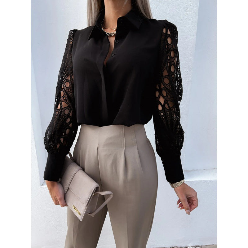Women's Lace Sleeve Blouse With Collared Button-Up And Cutwork Lace Long Sleeve