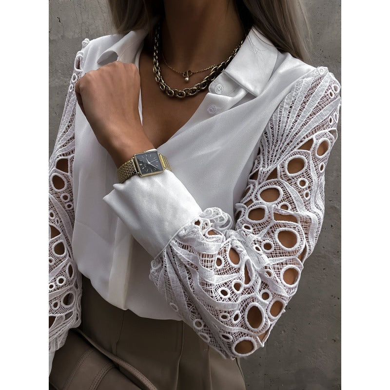 Women's Lace Sleeve Blouse With Collared Button-Up And Cutwork Lace Long Sleeve