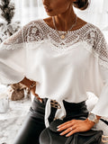 Women's Lace Blouse With Round Neck Lace Yoke Long Sleeves And Flared Cuffs For Women