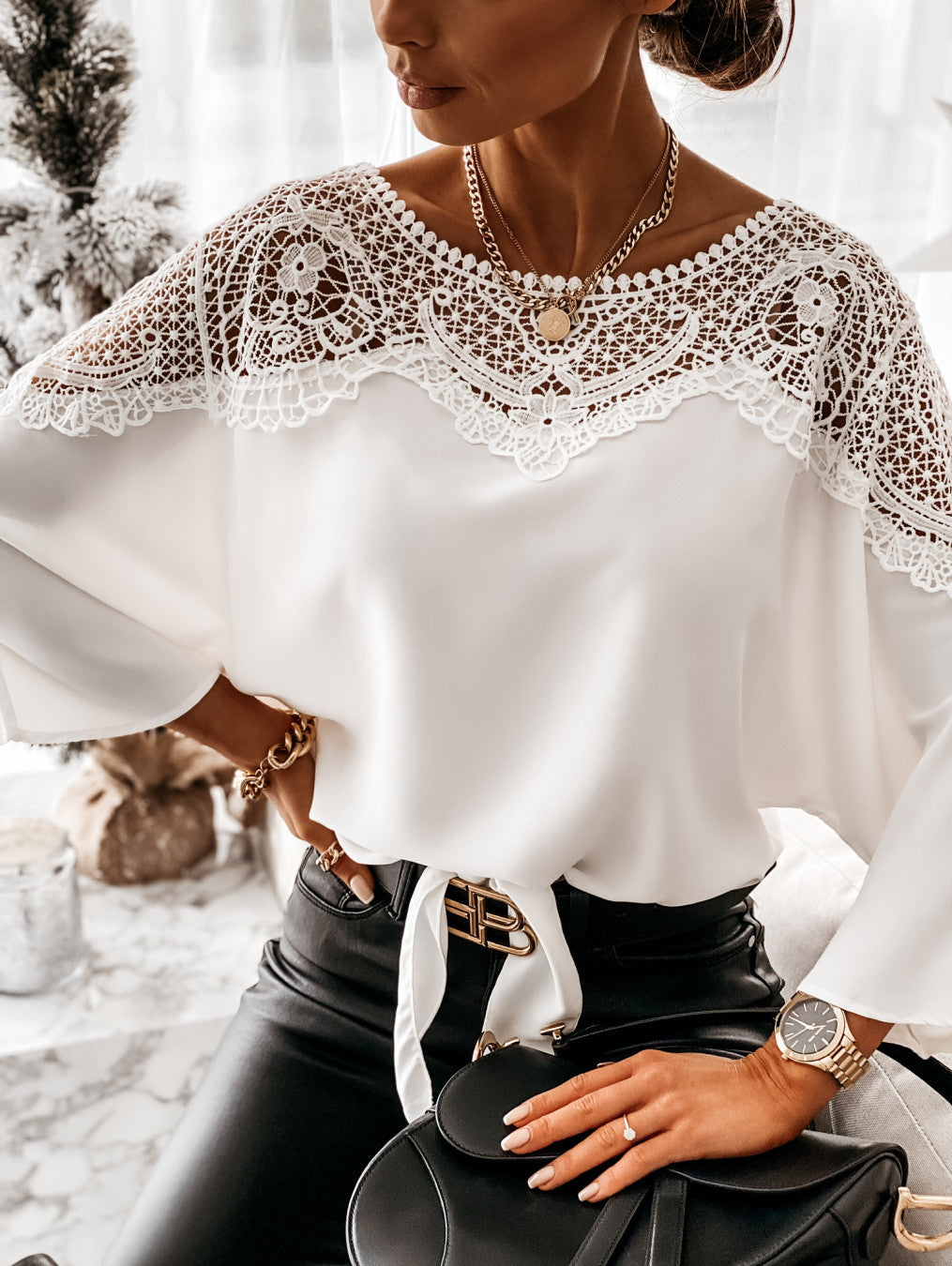 Women's Lace Blouse With Round Neck Lace Yoke Long Sleeves And Flared Cuffs For Women