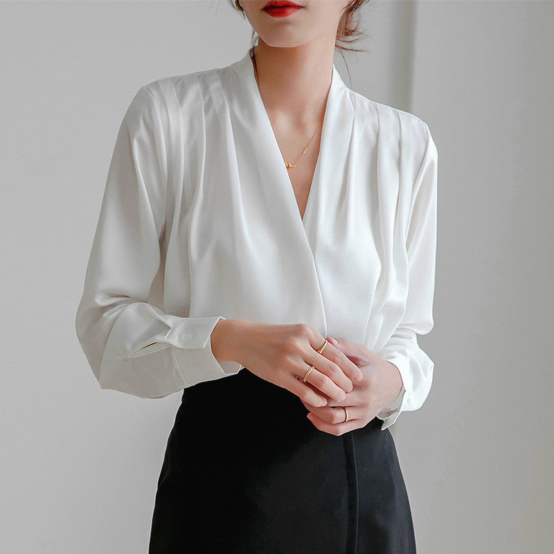 Satin V-Neck Pleated Blouse With Long Sleeves And Button Cuff Drape Top For Women