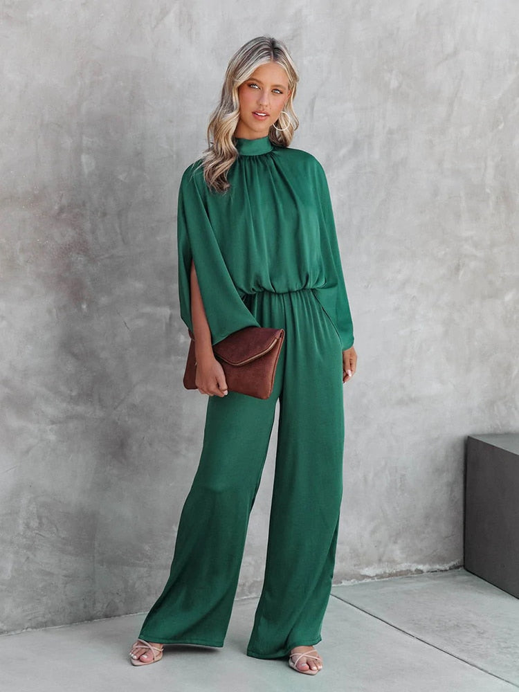 Women's Jumpsuit With Mock Neck Split Cape Sleeve Elasticated Waist And Wide Leg