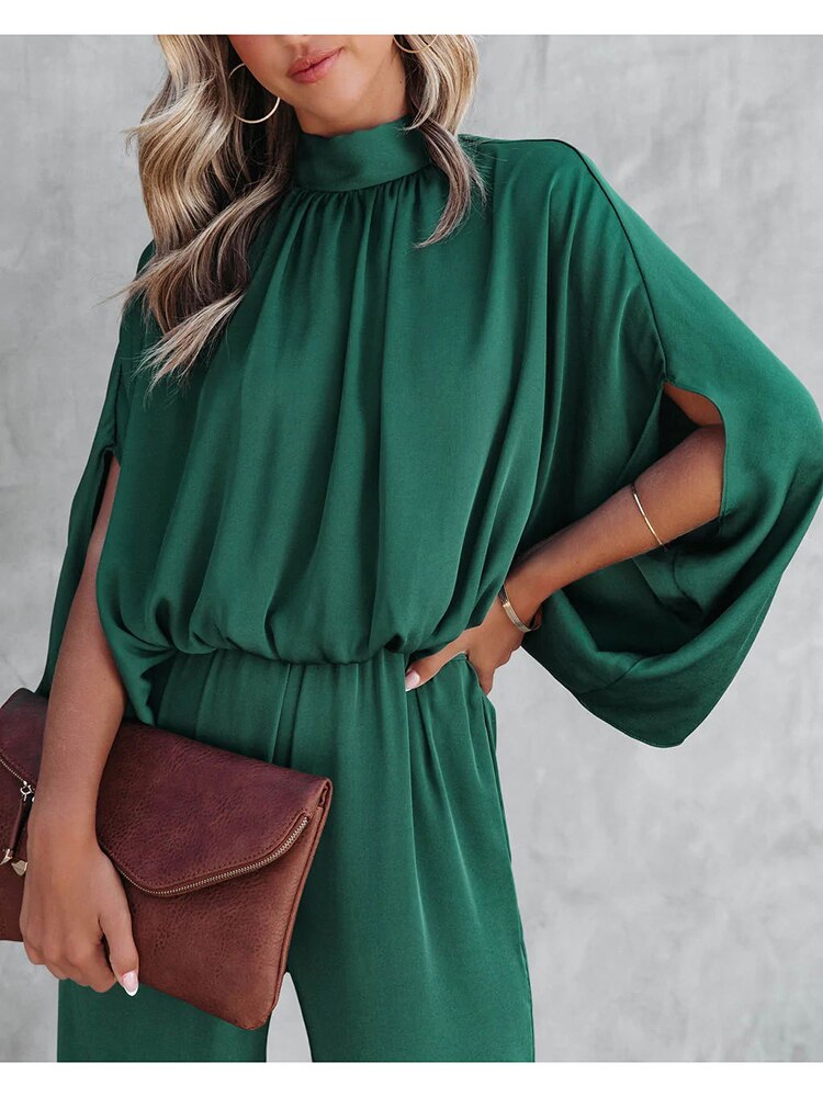 Women's Jumpsuit With Mock Neck Split Cape Sleeve Elasticated Waist And Wide Leg