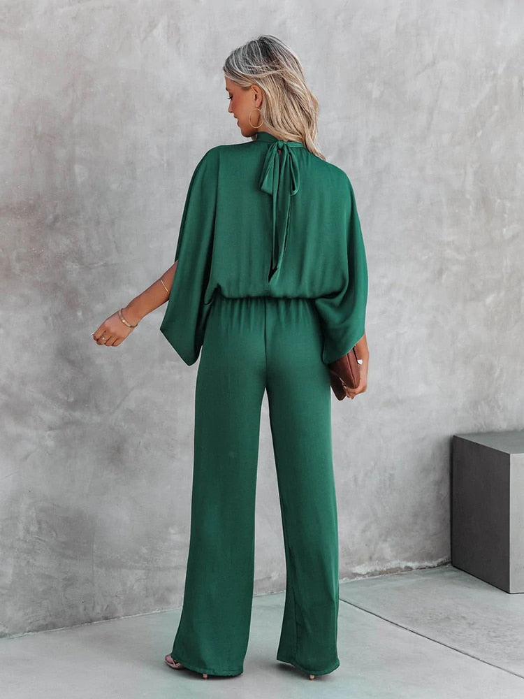 Women's Jumpsuit With Mock Neck Split Cape Sleeve Elasticated Waist And Wide Leg