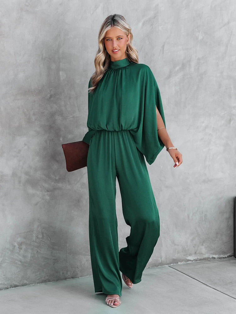 Women's Jumpsuit With Mock Neck Split Cape Sleeve Elasticated Waist And Wide Leg