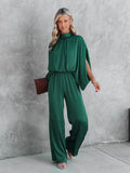 Women's Jumpsuit With Mock Neck Split Cape Sleeve Elasticated Waist And Wide Leg