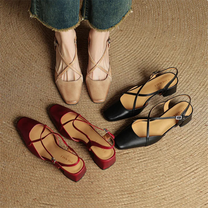 Women's Block Heel Slingbacks With Square Toe And Criss-Cross Ankle Strap, Side Buckle