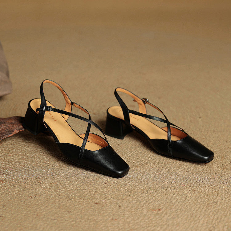 Women's Block Heel Slingbacks With Square Toe And Criss-Cross Ankle Strap, Side Buckle