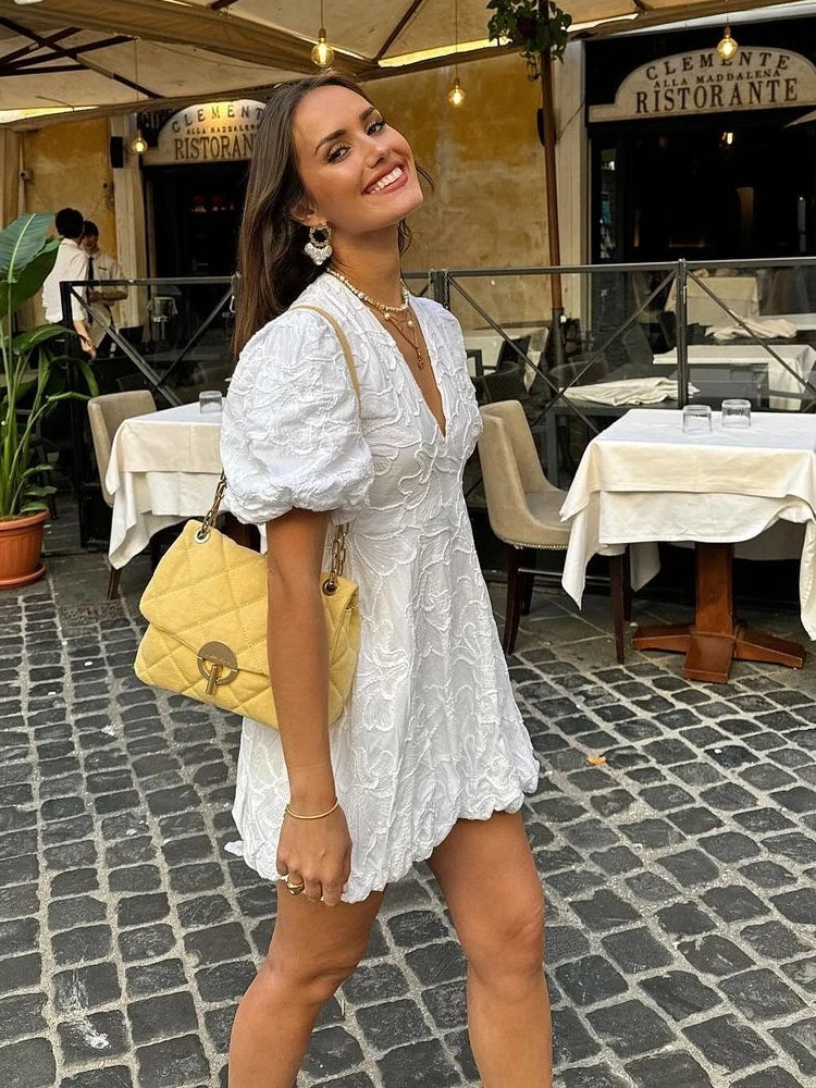 Embroidered Puff Sleeve Petite Dress With Deep V-Neck And Scalloped Hem For Women