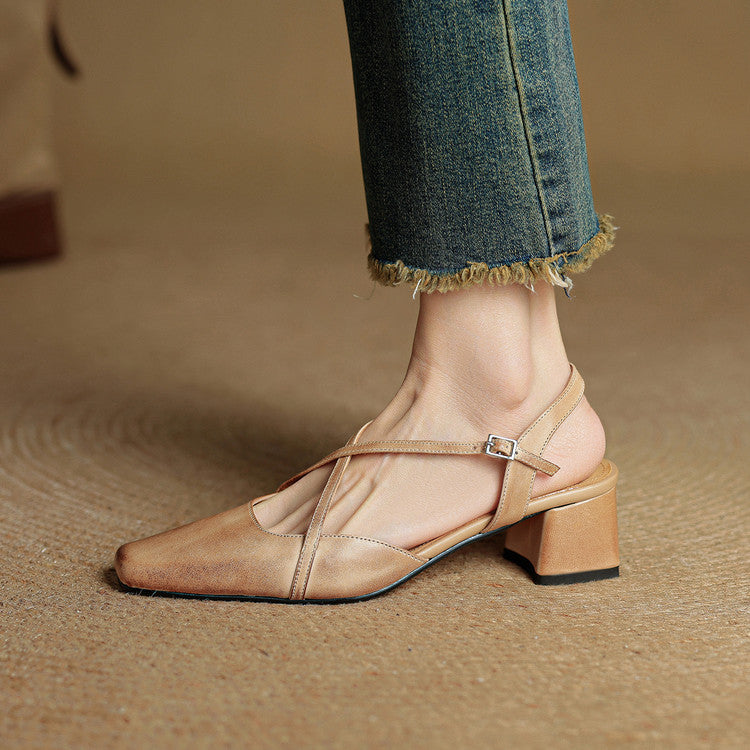 Women's Block Heel Slingbacks With Square Toe And Criss-Cross Ankle Strap, Side Buckle