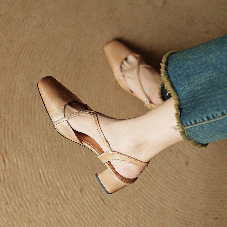 Women's Block Heel Slingbacks With Square Toe And Criss-Cross Ankle Strap, Side Buckle