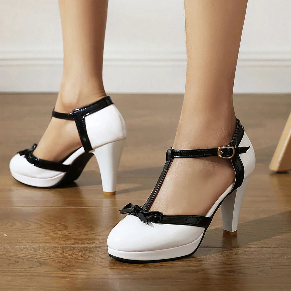 Women's T-Strap High Heel Pumps With Buckle Closure And Round Toe Silhouette For Elegant Occasions