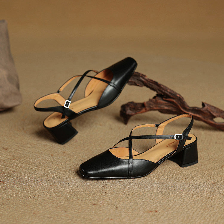 Women's Block Heel Slingbacks With Square Toe And Criss-Cross Ankle Strap, Side Buckle
