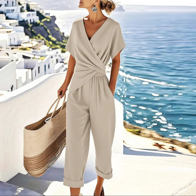 Wrap Front Jumpsuit For Women With V-Neck And Short Sleeves, Cropped Leg For Effortless Style