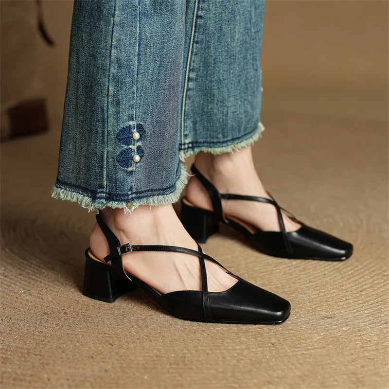 Women's Block Heel Slingbacks With Square Toe And Criss-Cross Ankle Strap, Side Buckle