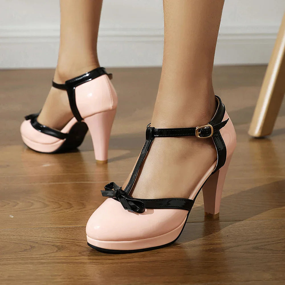 Women's T-Strap High Heel Pumps With Buckle Closure And Round Toe Silhouette For Elegant Occasions