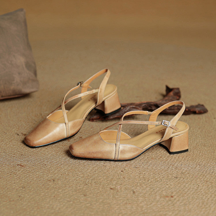 Women's Block Heel Slingbacks With Square Toe And Criss-Cross Ankle Strap, Side Buckle