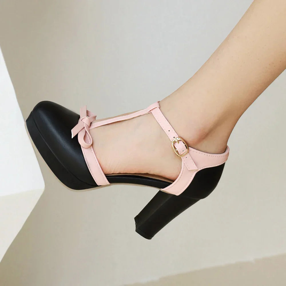 Women's T-Strap High Heel Pumps With Buckle Closure And Round Toe Silhouette For Elegant Occasions