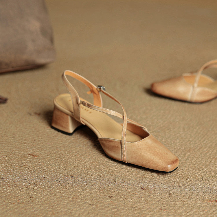 Women's Block Heel Slingbacks With Square Toe And Criss-Cross Ankle Strap, Side Buckle