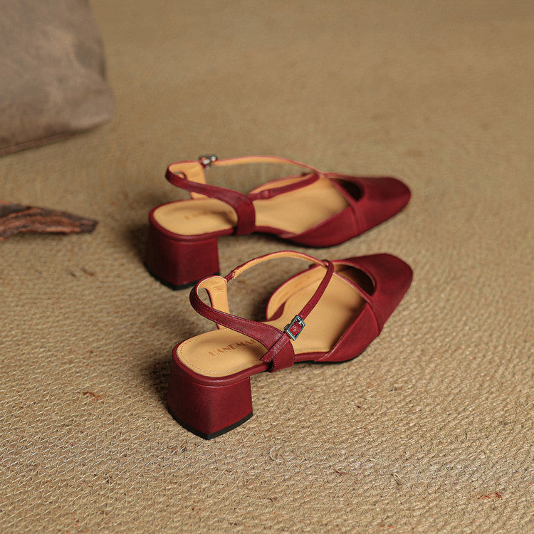 Women's Block Heel Slingbacks With Square Toe And Criss-Cross Ankle Strap, Side Buckle