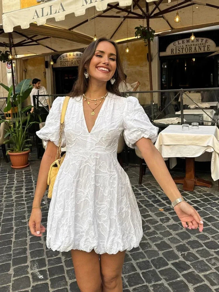 Embroidered Puff Sleeve Petite Dress With Deep V-Neck And Scalloped Hem For Women