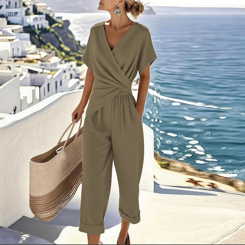 Wrap Front Jumpsuit For Women With V-Neck And Short Sleeves, Cropped Leg For Effortless Style