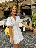 Embroidered Puff Sleeve Petite Dress With Deep V-Neck And Scalloped Hem For Women