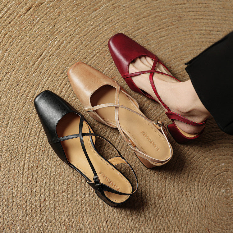 Women's Block Heel Slingbacks With Square Toe And Criss-Cross Ankle Strap, Side Buckle
