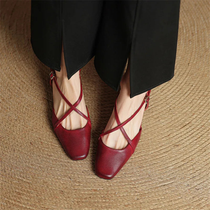 Women's Block Heel Slingbacks With Square Toe And Criss-Cross Ankle Strap, Side Buckle