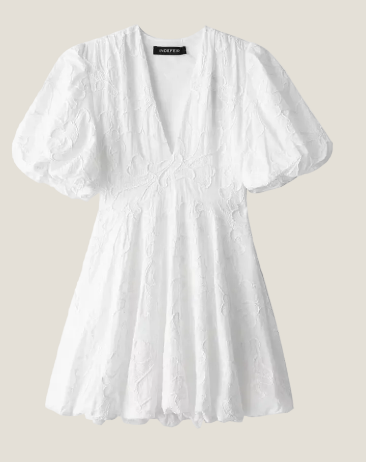 Embroidered Puff Sleeve Petite Dress With Deep V-Neck And Scalloped Hem For Women