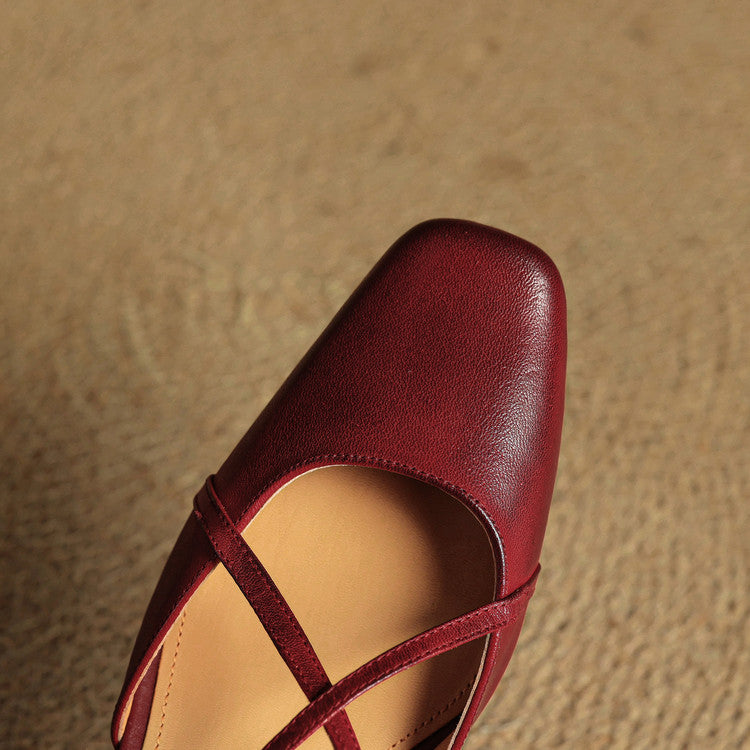 Women's Block Heel Slingbacks With Square Toe And Criss-Cross Ankle Strap, Side Buckle
