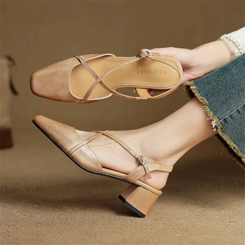 Women's Block Heel Slingbacks With Square Toe And Criss-Cross Ankle Strap, Side Buckle