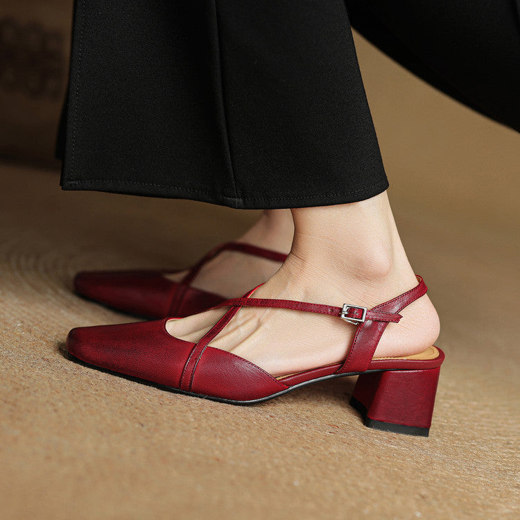 Women's Block Heel Slingbacks With Square Toe And Criss-Cross Ankle Strap, Side Buckle