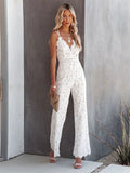 Lace Jumpsuit For Women With V-Neck, Double Spaghetti Straps, Open Cross Back, And Wide-Leg For Wedding