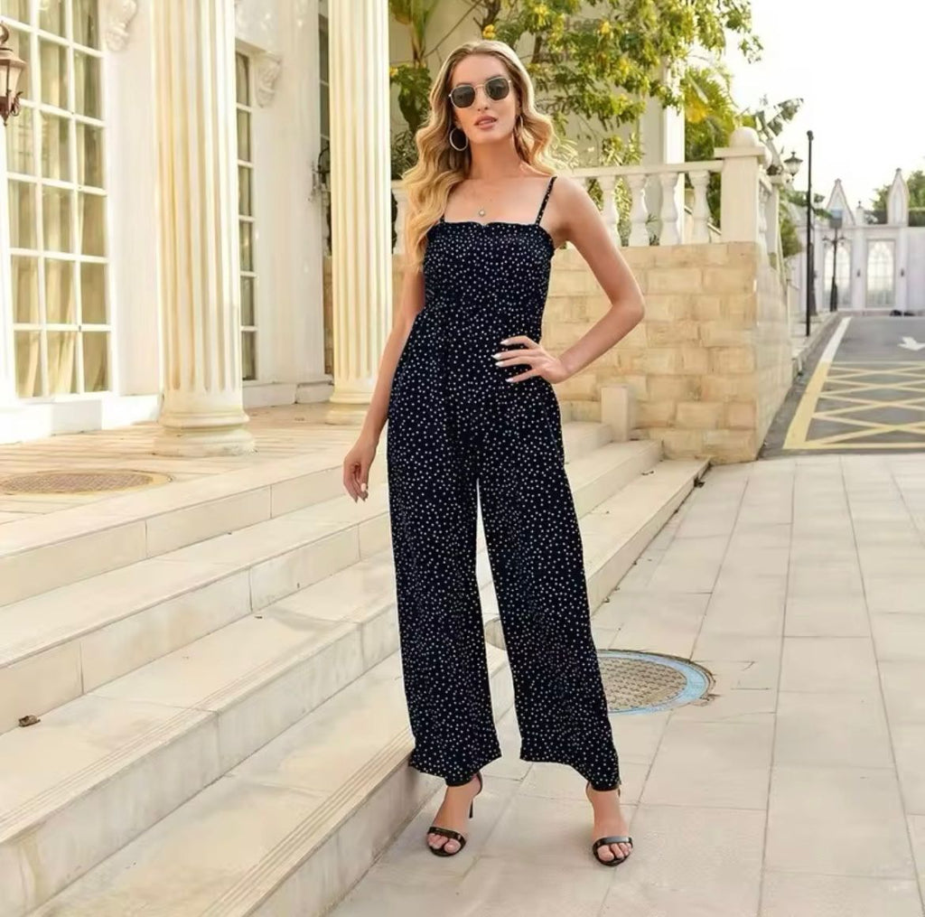 Women's Polka Dot Wide-Leg Jumpsuit With Smocked Bodice For Summer Style Outfit