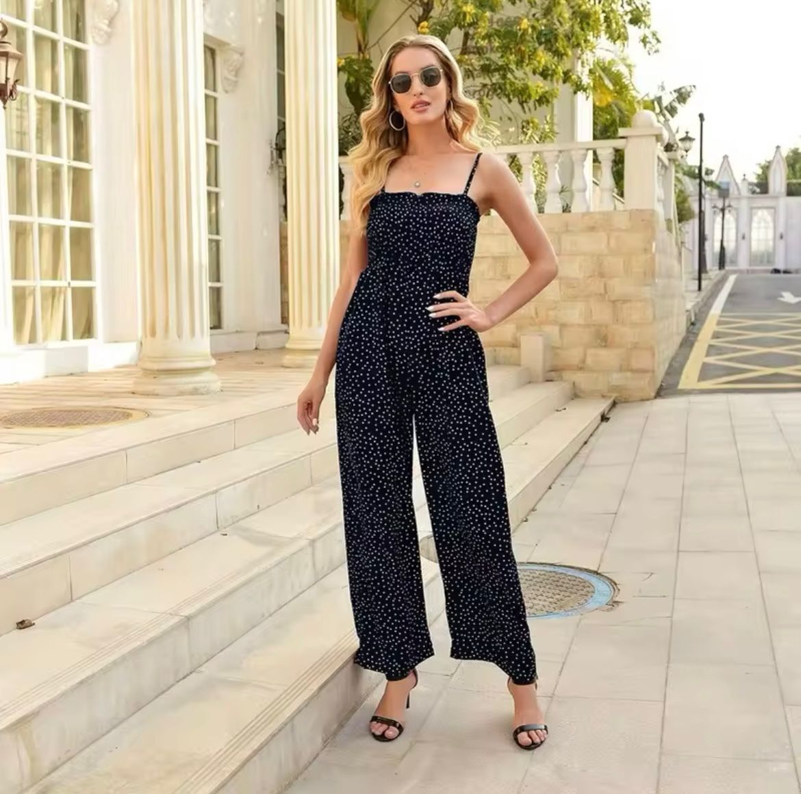 Women's Polka Dot Wide-Leg Jumpsuit With Smocked Bodice For Summer Style Outfit