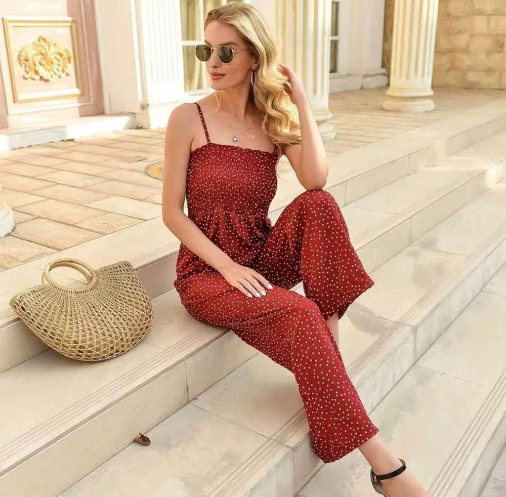 Women's Polka Dot Wide-Leg Jumpsuit With Smocked Bodice For Summer Style Outfit